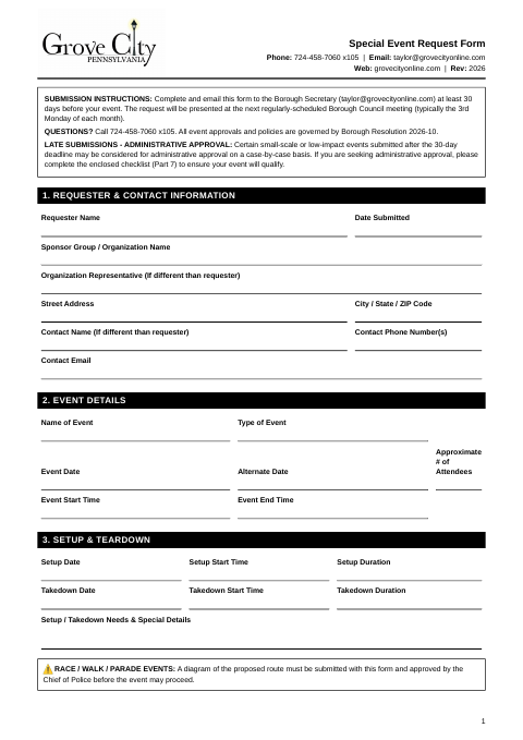 First page of the Special Event Request Form