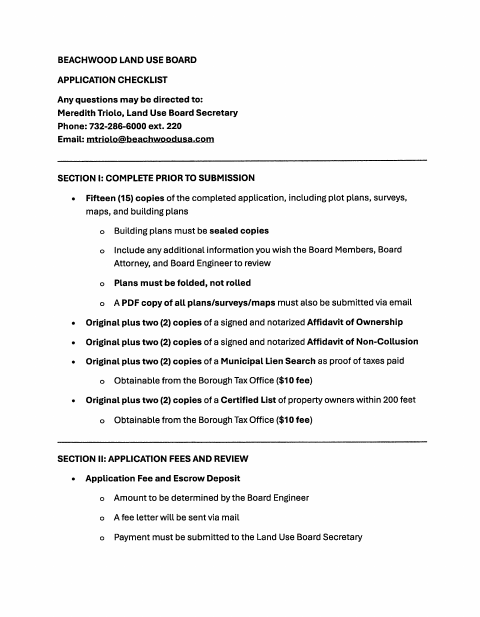 First page of the Land Use Board Application