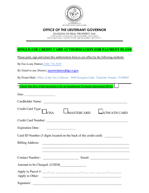 First page of the Single-Use Credit Card Authorization for Payment Plans