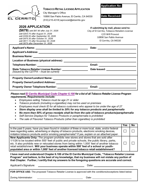 First page of the Tobacco Retail License Application