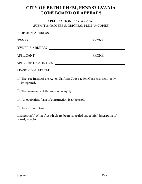 First page of the Code Board of Appeals Application for Appeal