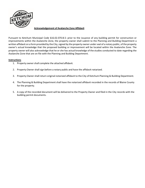 First page of the Avalanche Zone Affidavit Acknowledgment