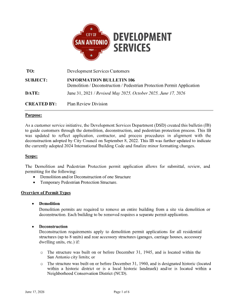 First page of the Demolition / Deconstruction / Pedestrian Protection Permit Application