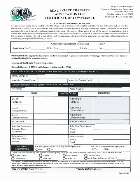 First page of the Real Estate Transfer Application for Certificate of Compliance