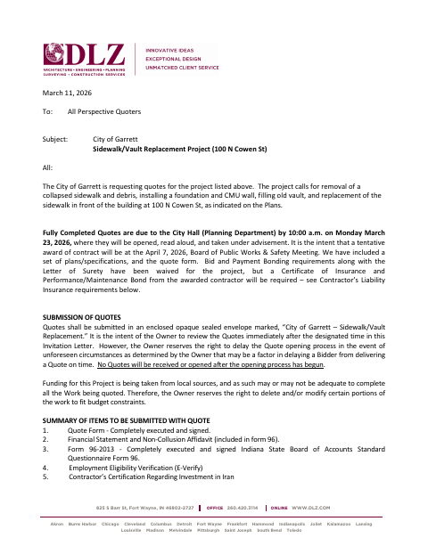 First page of the Sidewalk/Vault Replacement Quote Package