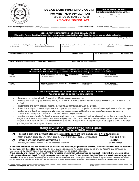 First page of the Standard Payment Plan Agreement and Acknowledgment