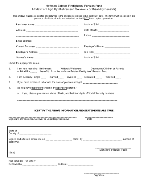 First page of the Firefighters’ Pension Fund Affidavit of Eligibility
