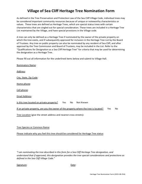 First page of the Heritage Tree Nomination Form