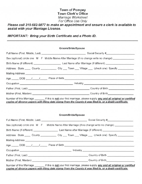 First page of the Marriage License Worksheet
