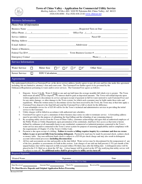 First page of the Application for Commercial Utility Service