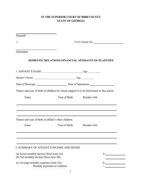First page of the Domestic Relations Financial Affidavit Of Plaintiff