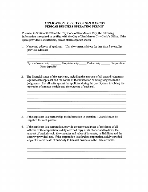 First page of the Pedicab Business Operating Permit Application