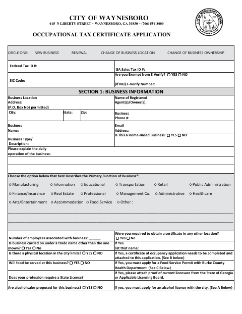 First page of the Occupational Tax Certificate Application