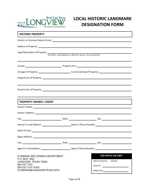 First page of the Local Historic Landmark Designation Form
