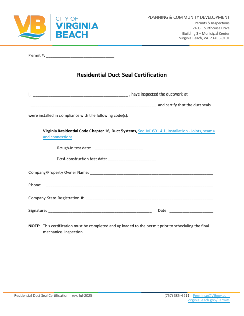 First page of the Residential Duct Seal Certification