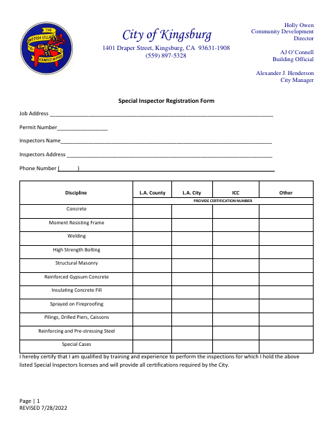 First page of the Special Inspector Registration Form