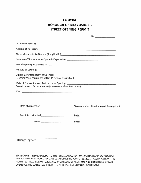 First page of the Street Opening Permit Application
