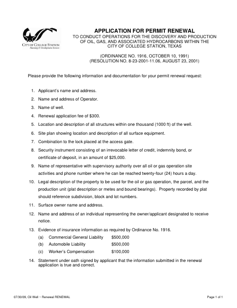 First page of the Oil, Gas, and Hydrocarbon Operations Permit Renewal Application