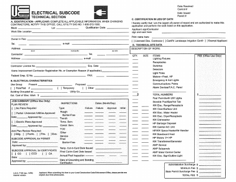 First page of the Electrical Subcode Technical Section Construction Permit Application