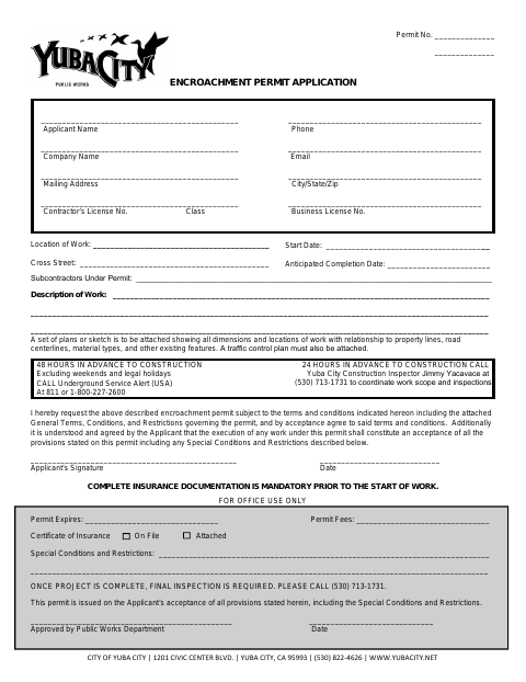First page of the Encroachment Permit Application, General Terms & Insurance