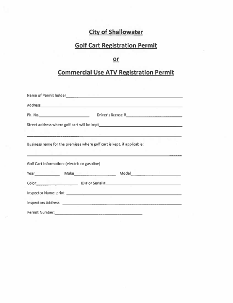 First page of the Golf Cart and Commercial Use ATV Registration Permit