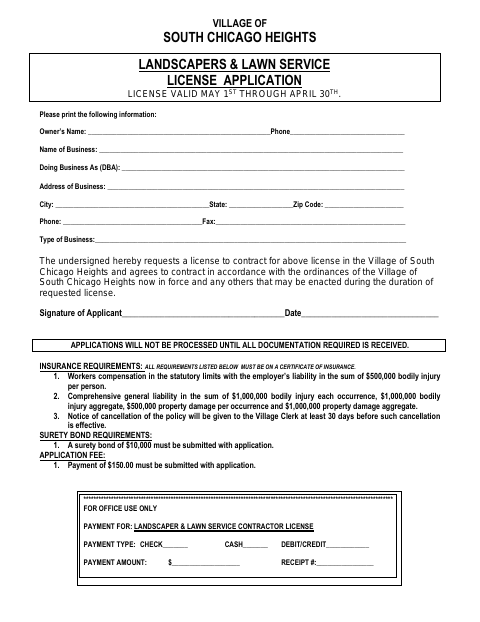 First page of the Landscapers & Lawn Service License Application