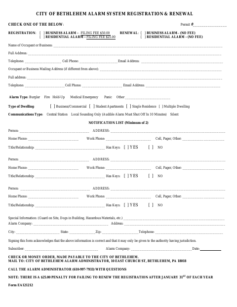 First page of the Alarm System Registration and Renewal