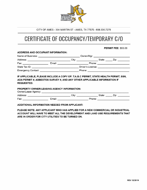 First page of the Certificate Of Occupancy/Temporary C/O Permit