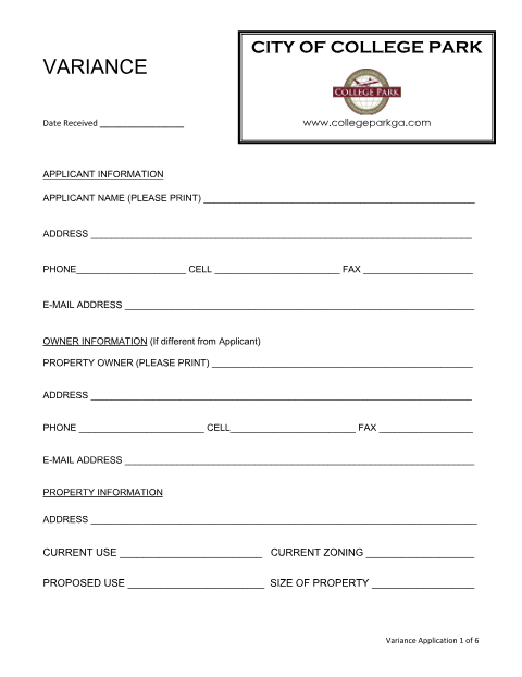 First page of the Variance Application
