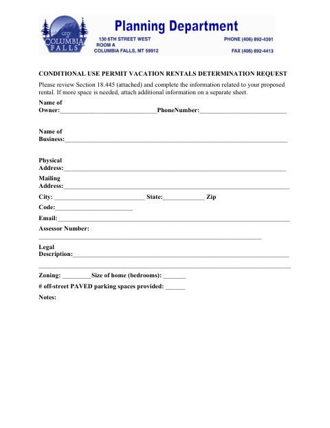 First page of the Conditional Use Permit Vacation Rentals Determination Request
