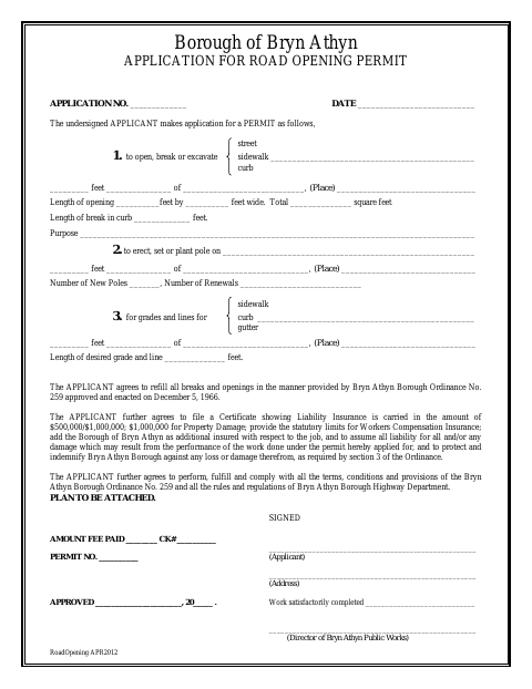 First page of the Application for Road Opening Permit