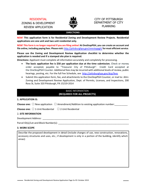First page of the Residential Zoning and Development Review Application