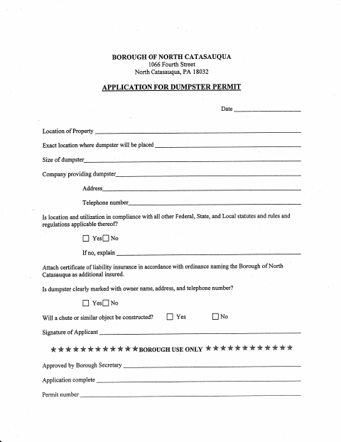 First page of the Dumpster Permit Application