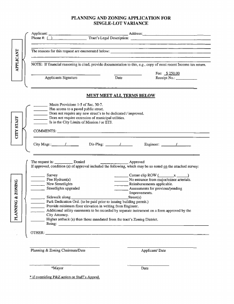 First page of the Planning and Zoning Application for Single-Lot Variance