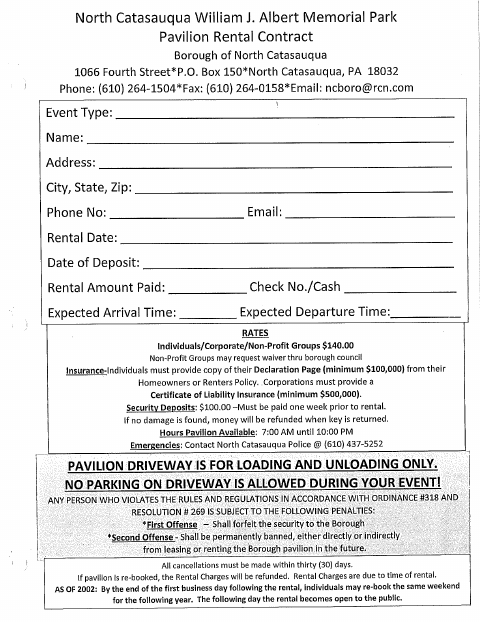 First page of the William J. Albert Memorial Park Pavilion Rental Contract