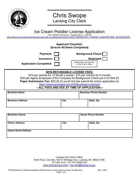 First page of the Ice Cream Peddler License Application