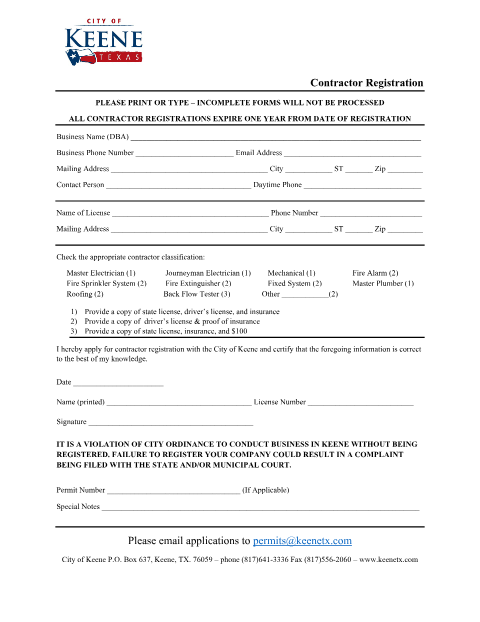 First page of the Contractor Registration Form