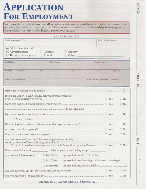 First page of the Employment Application