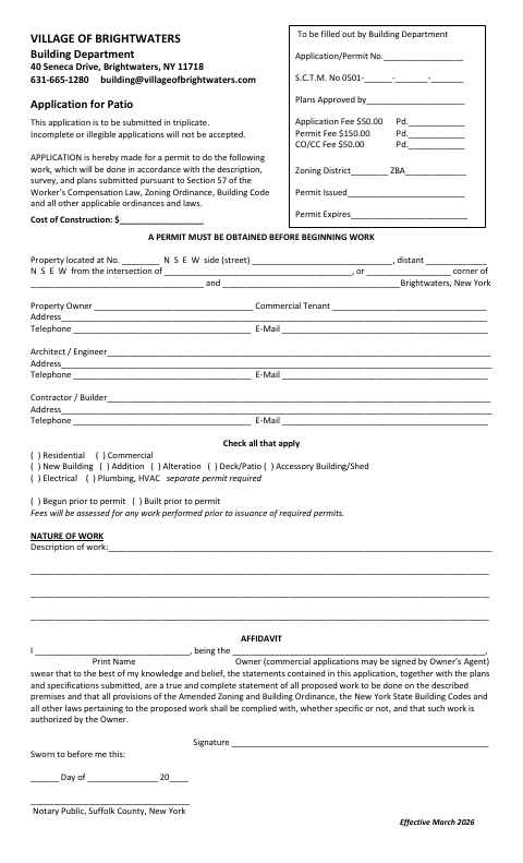 First page of the Patio Permit Application