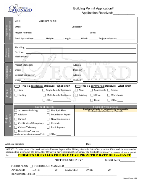 First page of the Building Permit Application