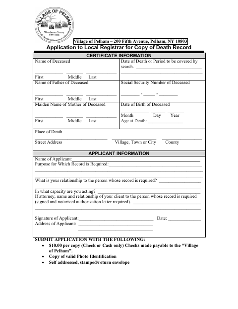First page of the Application to Local Registrar for Copy of Death Record