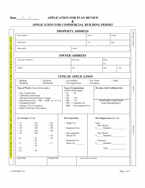 First page of the Commercial Building Permit Application