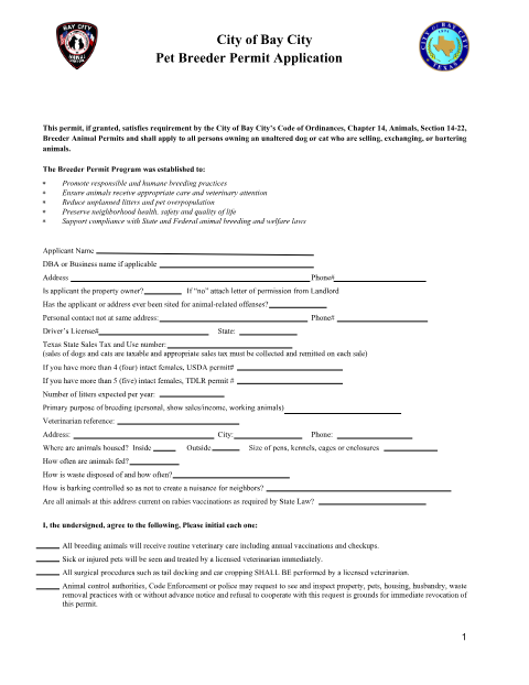 First page of the Pet Breeder Permit Application