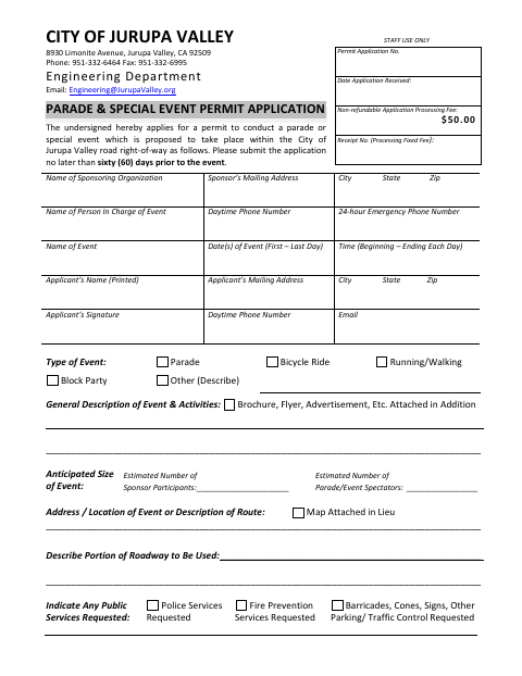 First page of the Parade & Special Event Permit Application