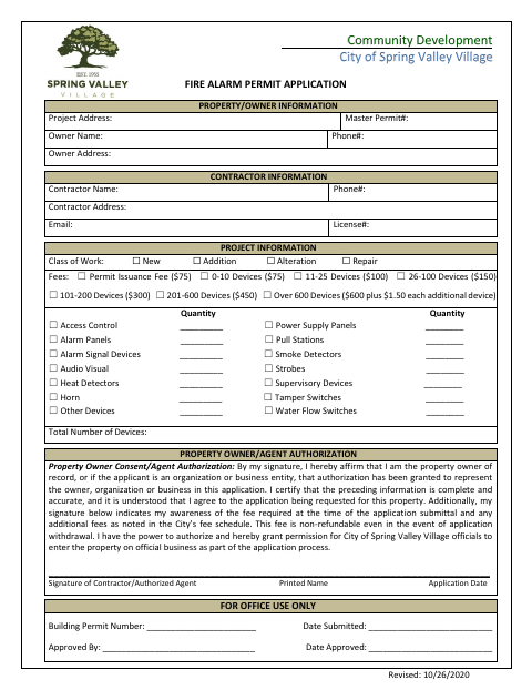First page of the Fire Alarm Permit Application