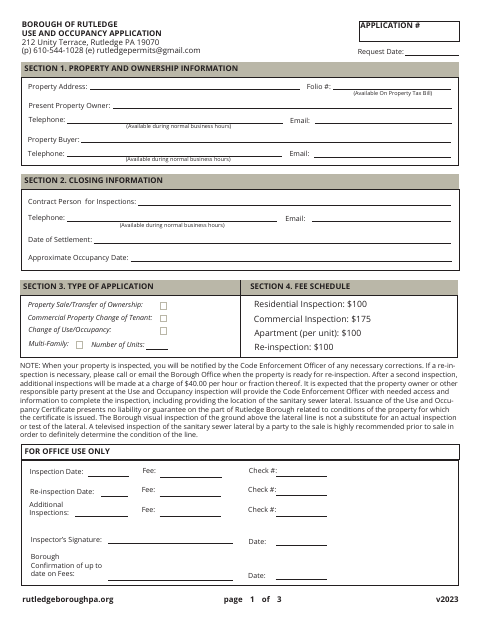 First page of the Use and Occupancy Application