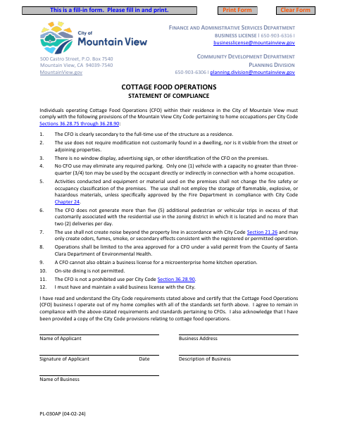 First page of the Cottage Food Operations Statement Of Compliance