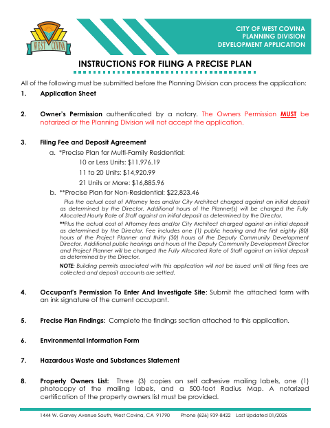 First page of the Precise Plan Application