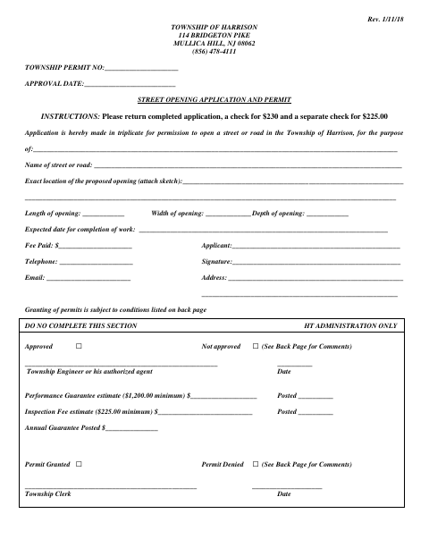 First page of the Street Opening Application and Permit