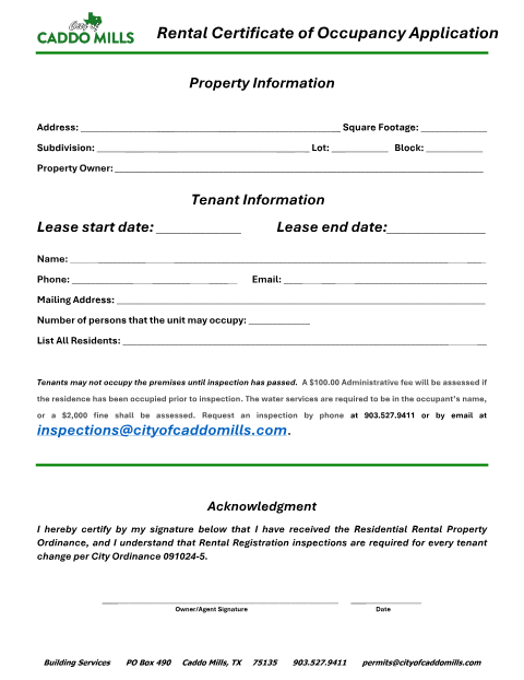 First page of the Rental Certificate of Occupancy Application